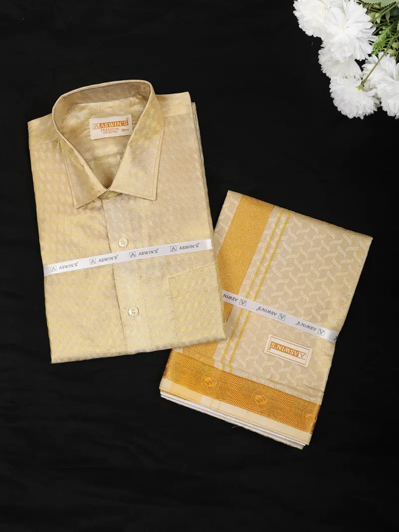 Gold Abstract Woven Design Shirt With Matching Dhoti Set 1