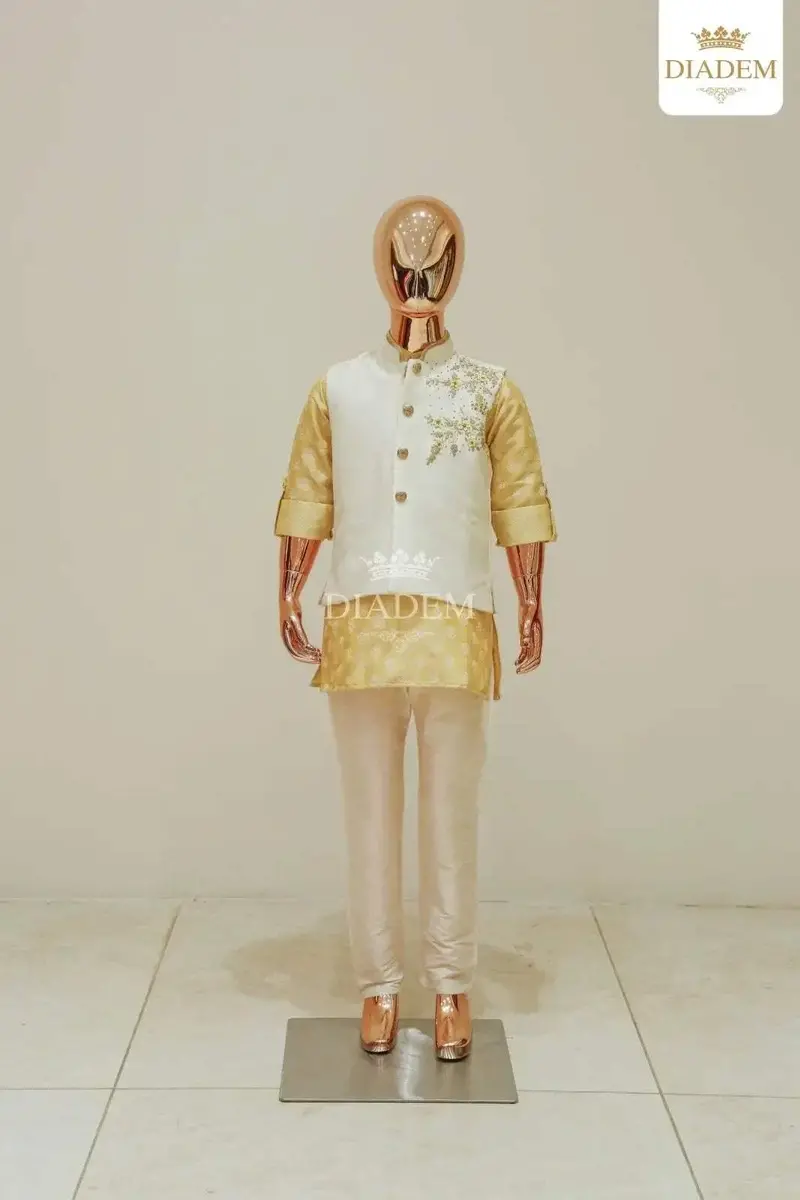 Gold And Ivory Kurta Pyjama Set With Embroidery Jacket 1