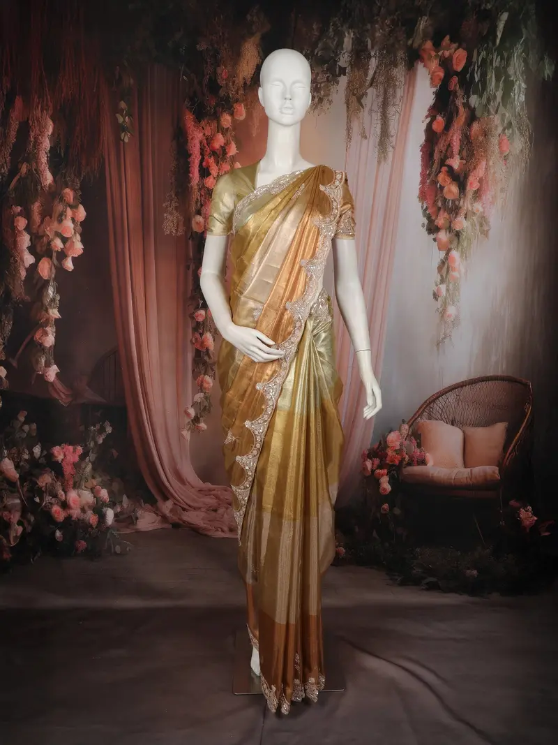 Gold And Olive Shaded Sequins Embroidered Tissue Silk Saree With Scalloped Border 1