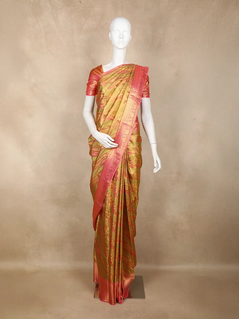 Gold And Pink Abstract Woven Design Pure Kanchipuram Silk Saree With Contrast Pink Border 1