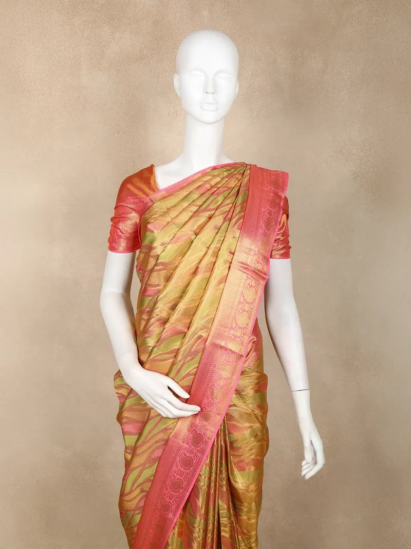Gold And Pink Abstract Woven Design Pure Kanchipuram Silk Saree With Contrast Pink Border 2