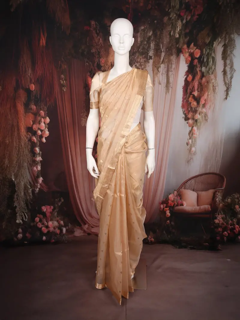 Gold Beige Butta Woven Design Tissue Saree With Gold Zari Border 1