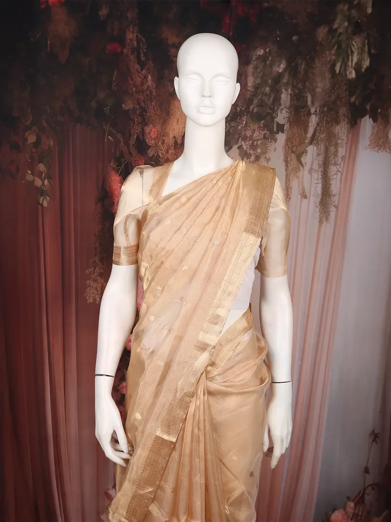 Gold Beige Butta Woven Design Tissue Saree With Gold Zari Border 2