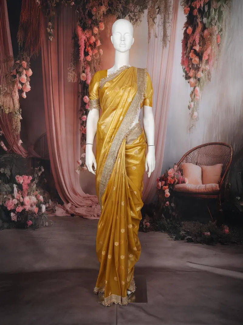 Gold Floral Butta Design Tissue Saree With Designer Lace Border 1