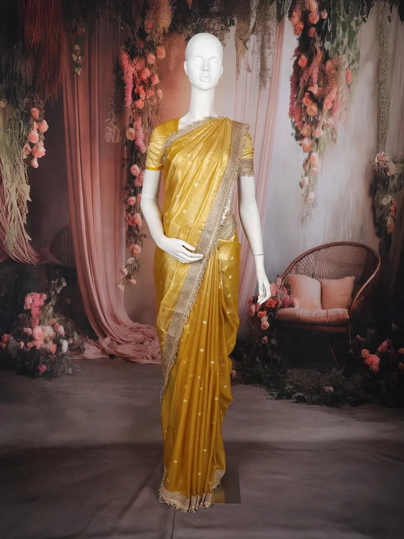 Gold Floral Butta Design Tissue Saree With Designer Lace Border 1