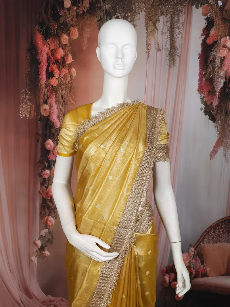Gold Floral Butta Design Tissue Saree With Designer Lace Border 2