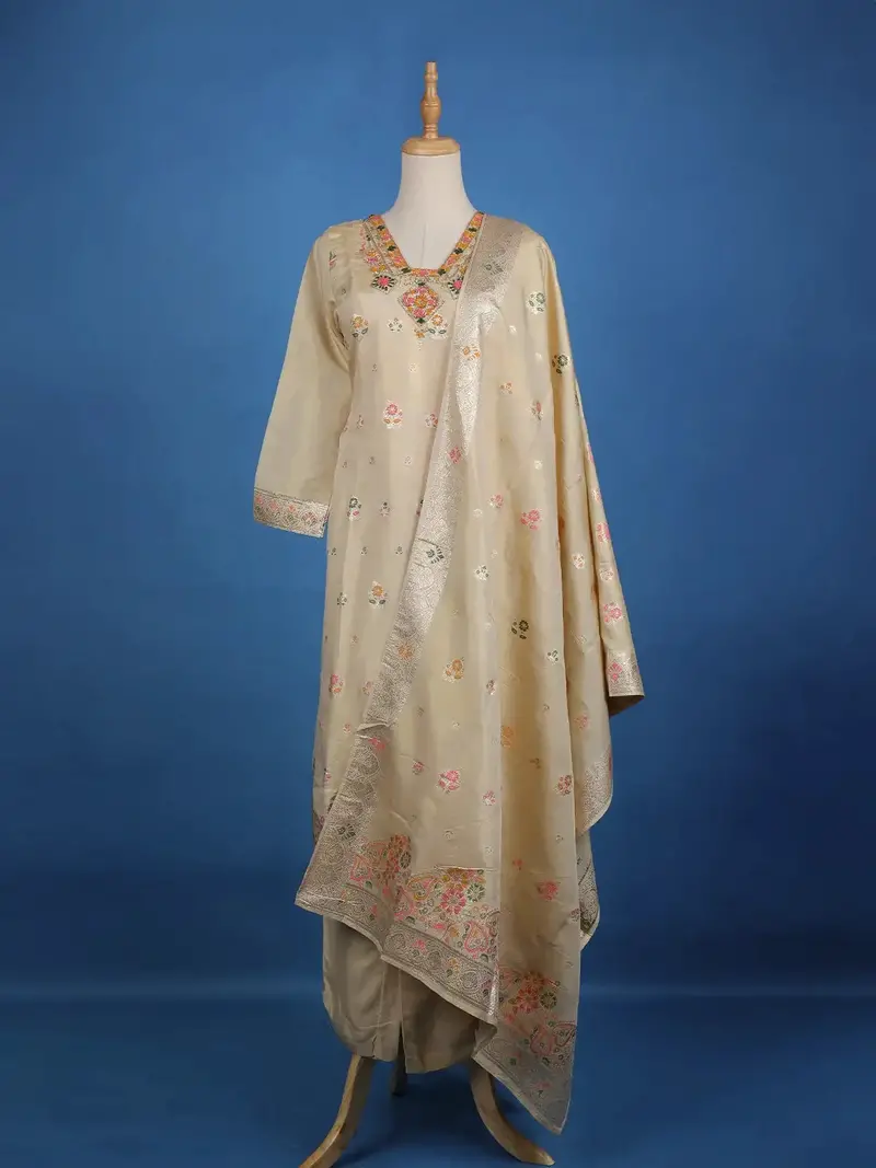 Gold Floral Designed Tissue Silk Salwar Suit 1