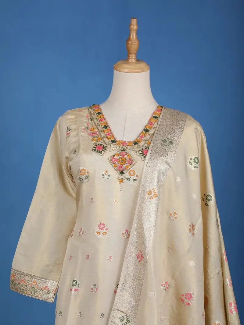 Gold Floral Designed Tissue Silk Salwar Suit 2