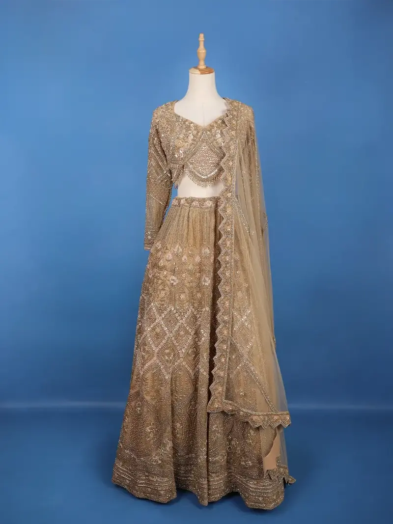 Gold Floral Embroidery Bridal Net Lehenga 1