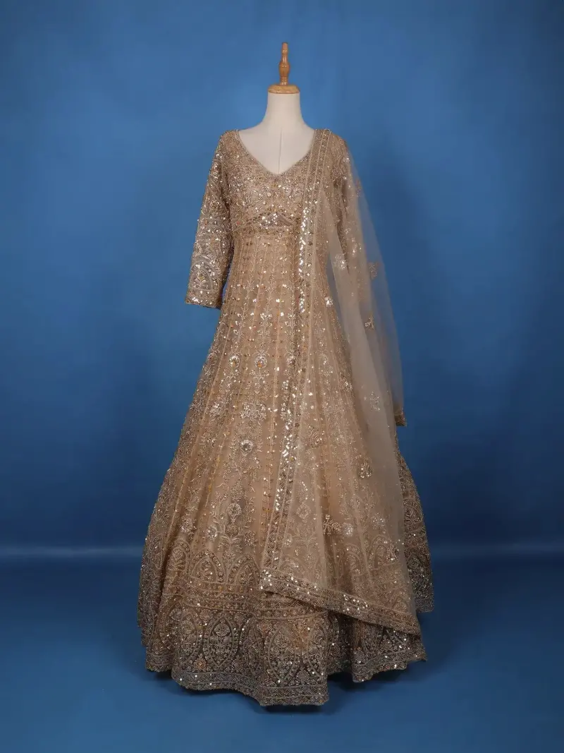 Gold Floral Embroidery Net Bridal Gown 1