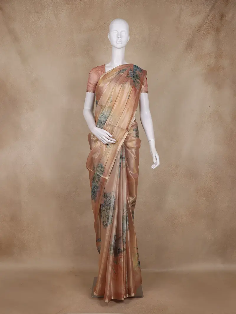 Gold Floral Printed Design Tissue Silk Saree 1