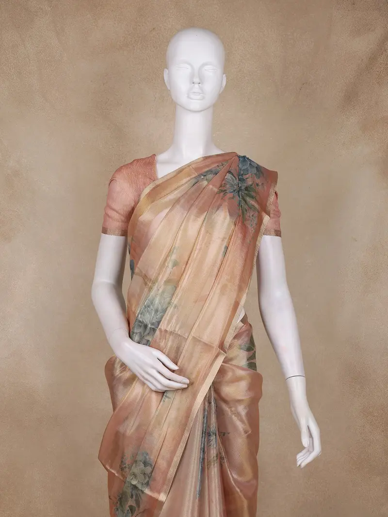 Gold Floral Printed Design Tissue Silk Saree 2