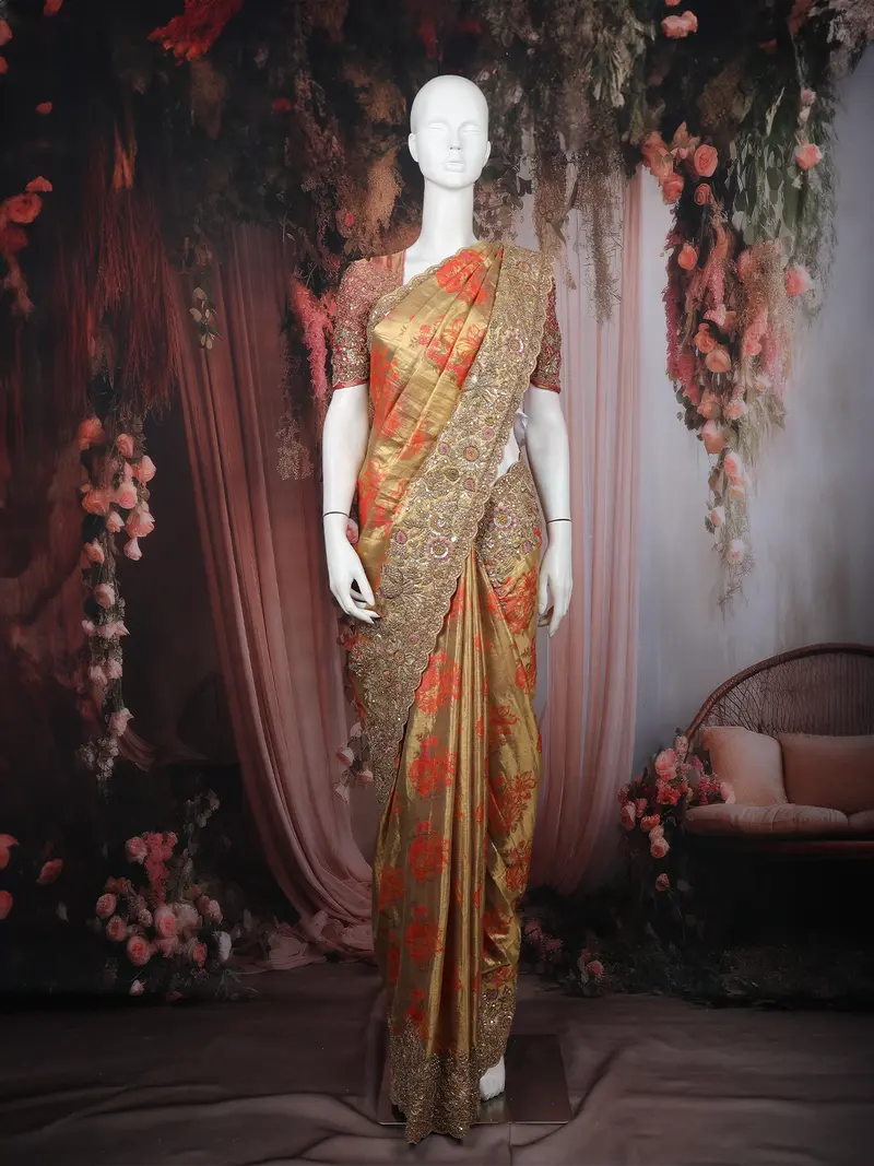 Gold Floral Woven Tissue Banarasi Saree With Heavy Designer Border 1