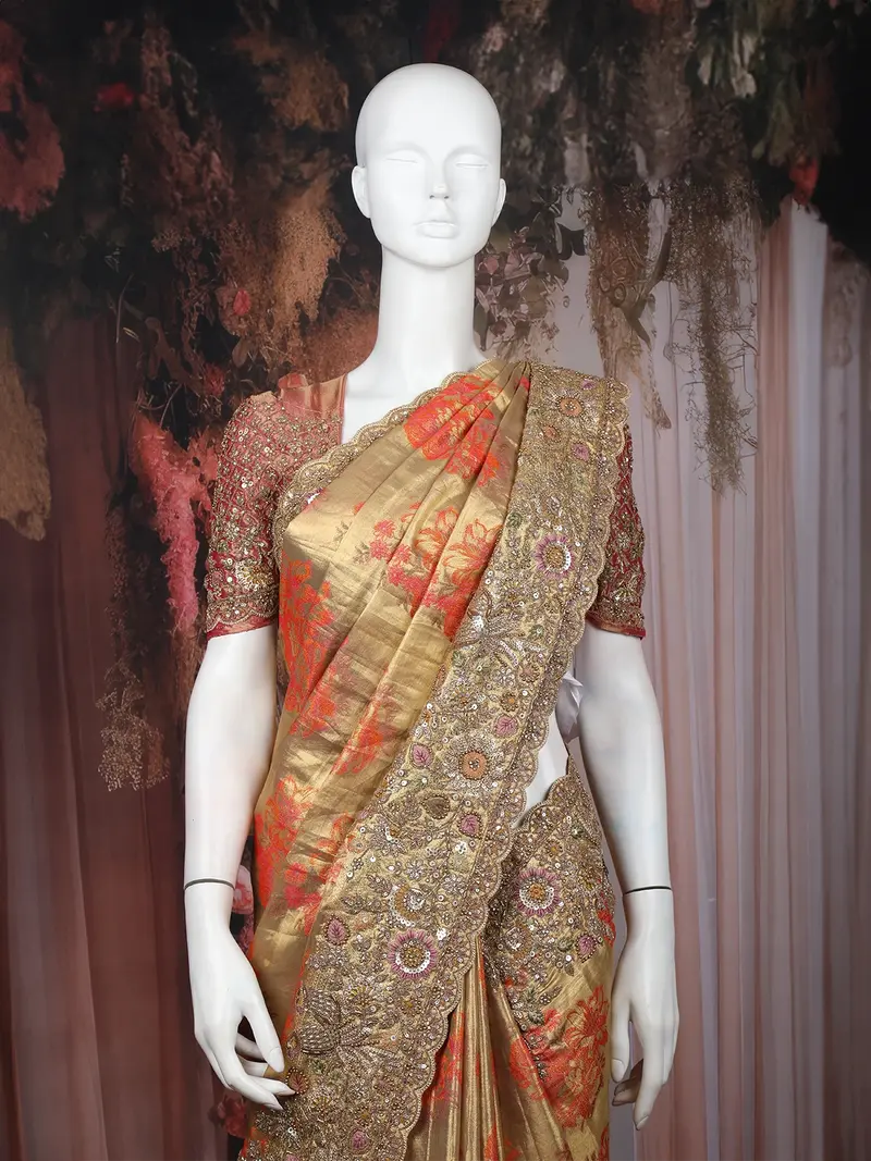 Gold Floral Woven Tissue Banarasi Saree With Heavy Designer Border 2