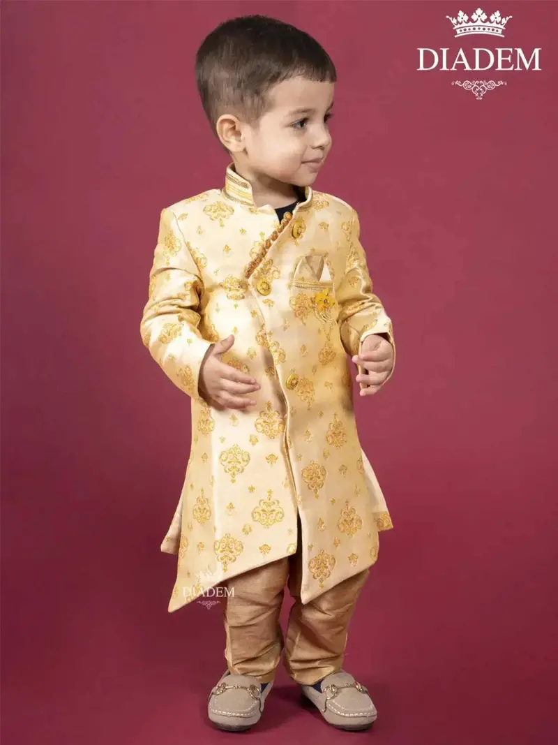 Gold Indo Western Sherwani Adorned In Brocades With Brooch 1