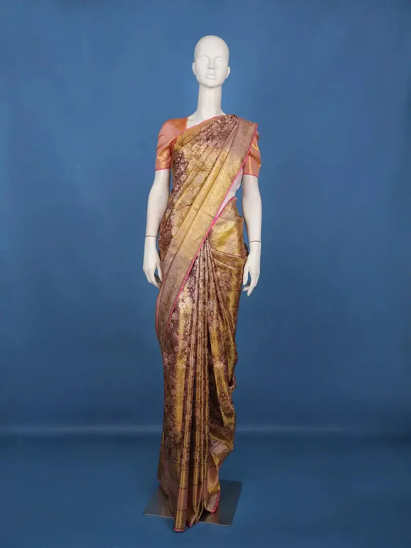 Gold & Maroon Floral Woven Kanchipuram Silk Saree – Bridal & Festive Elegance 1