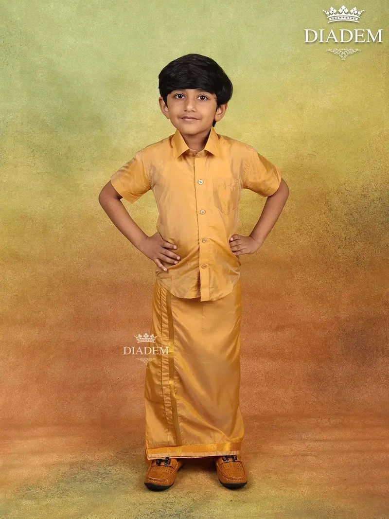 Gold Orange Raw Silk Dhoti With Matching Half Sleeve Shirt 1