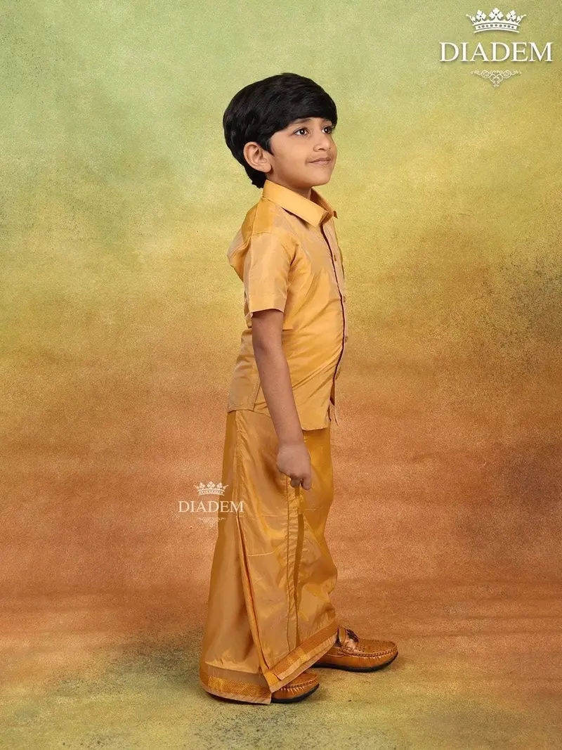Gold Orange Raw Silk Dhoti With Matching Half Sleeve Shirt 2