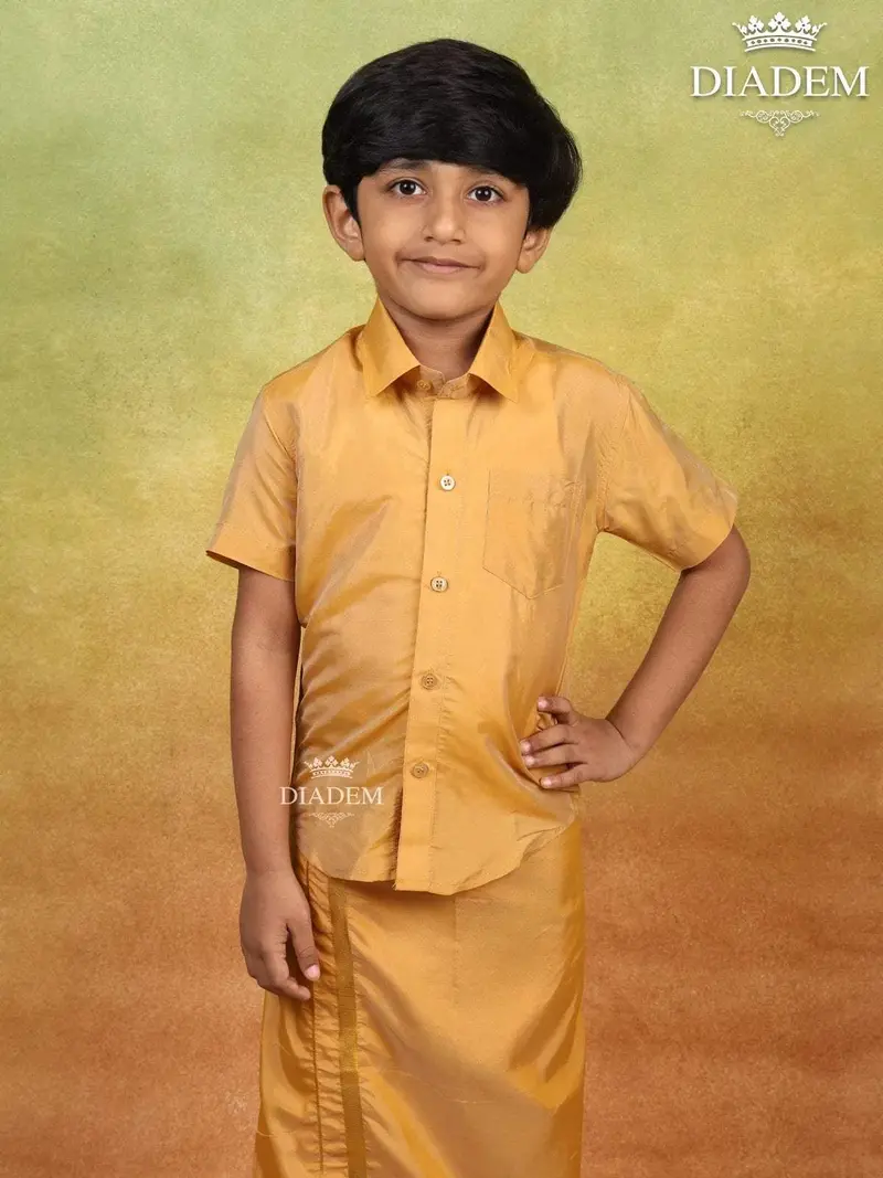 Gold Orange Raw Silk Dhoti With Matching Half Sleeve Shirt 3