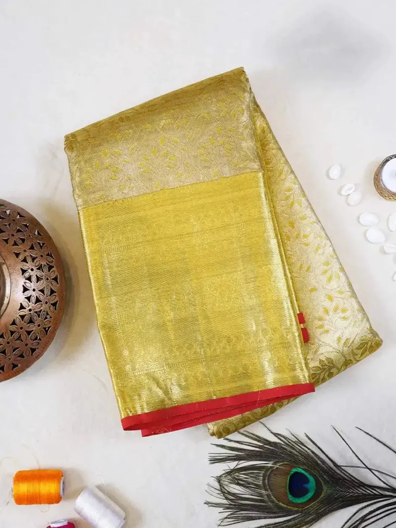Gold Pure Kanchipuram Bridal Korvai Silk Saree With Zari Flower Motifs & Design Border 1