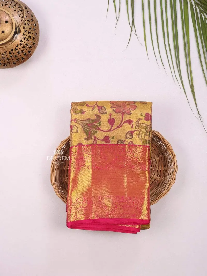 Gold Pure Kanchipuram Bridal Silk Saree With Floral Motif On The Body And Contrast Zari Border 1