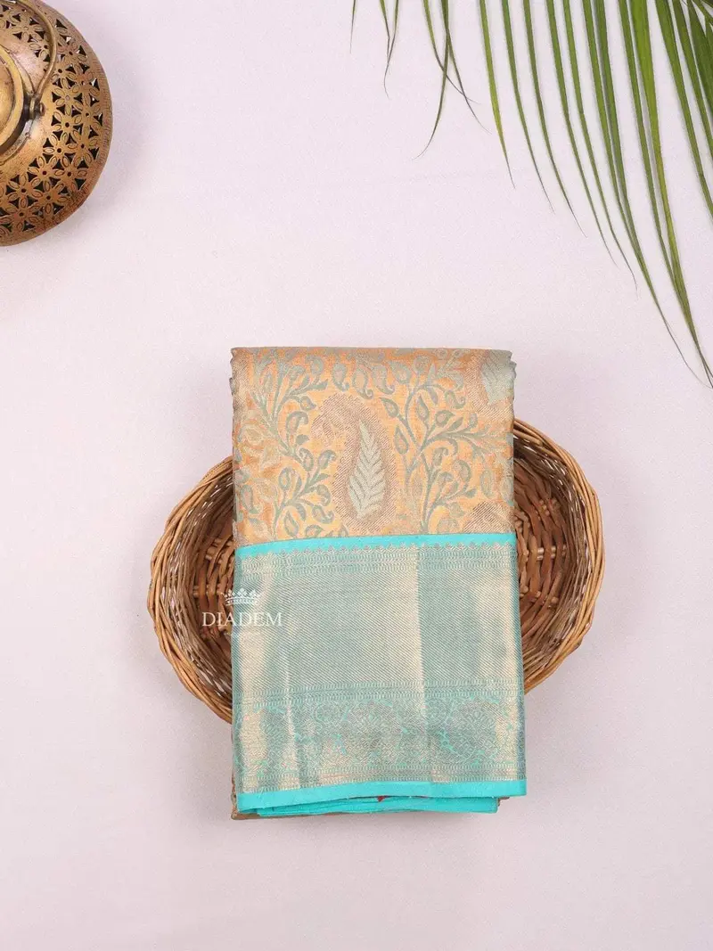 Gold Pure Kanchipuram Bridal Silk Saree With Floral Motif On The Body And Contrast Zari Border 1