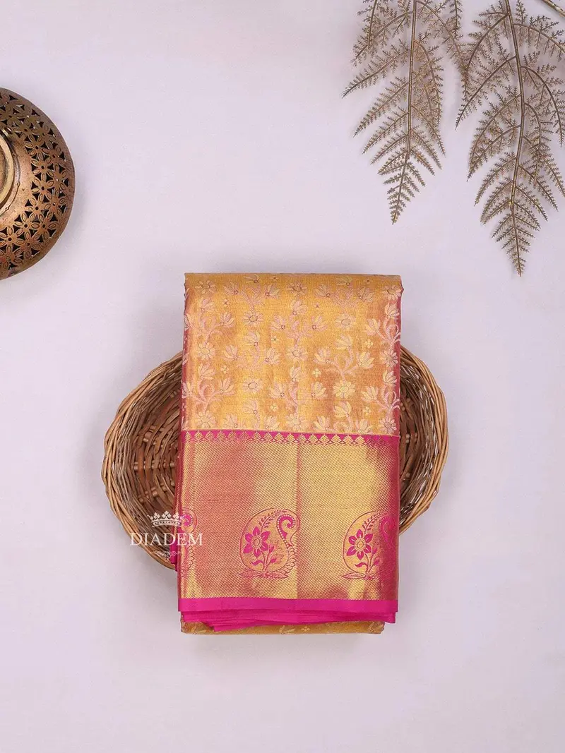 Gold Pure Kanchipuram Bridal Silk Saree With Floral Motif On The Body And Contrast Zari Border 1