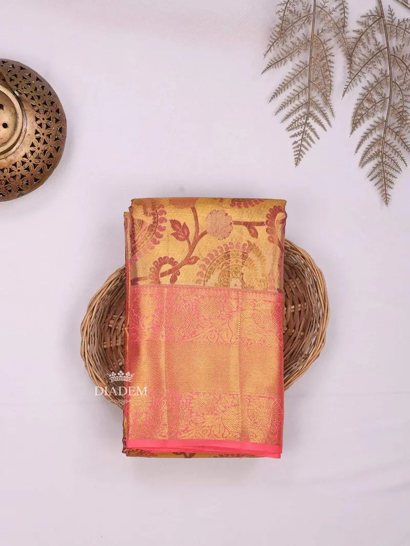 Gold Pure Kanchipuram Bridal Silk Saree With Floral Motif On The Body And Contrast Zari Border 1