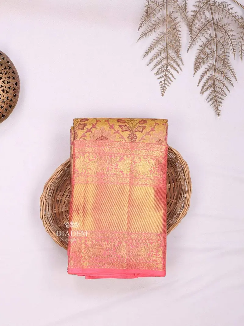 Gold Pure Kanchipuram Bridal Silk Saree With Floral Motif On The Body And Contrast Zari Border 1