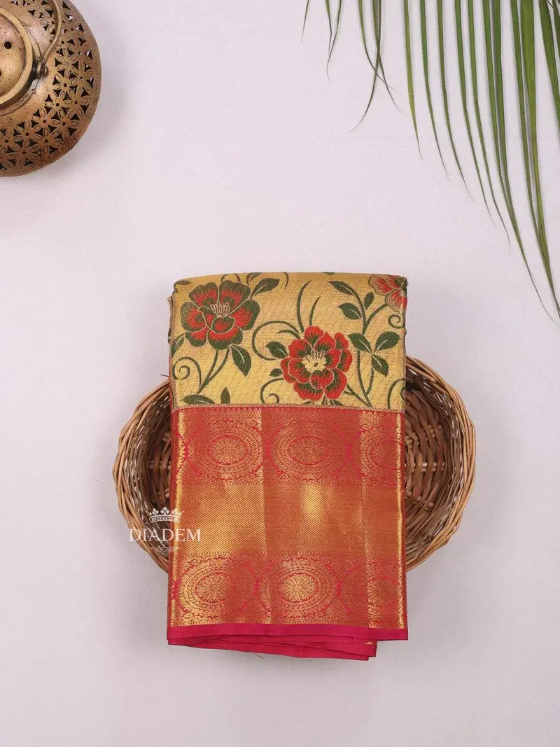 Gold Pure Kanchipuram Bridal Silk Saree With Floral Motif On The Body And Contrast Zari Border 1