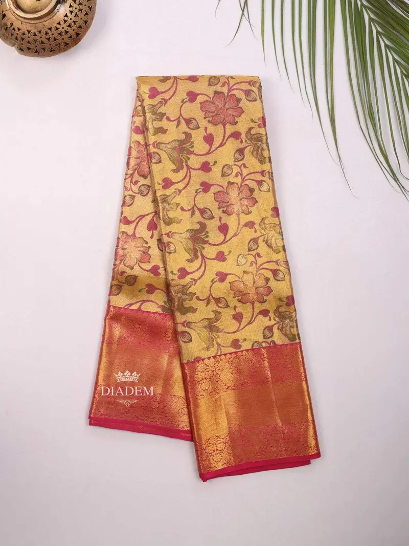 Gold Pure Kanchipuram Bridal Silk Saree With Floral Motif On The Body And Contrast Zari Border 2
