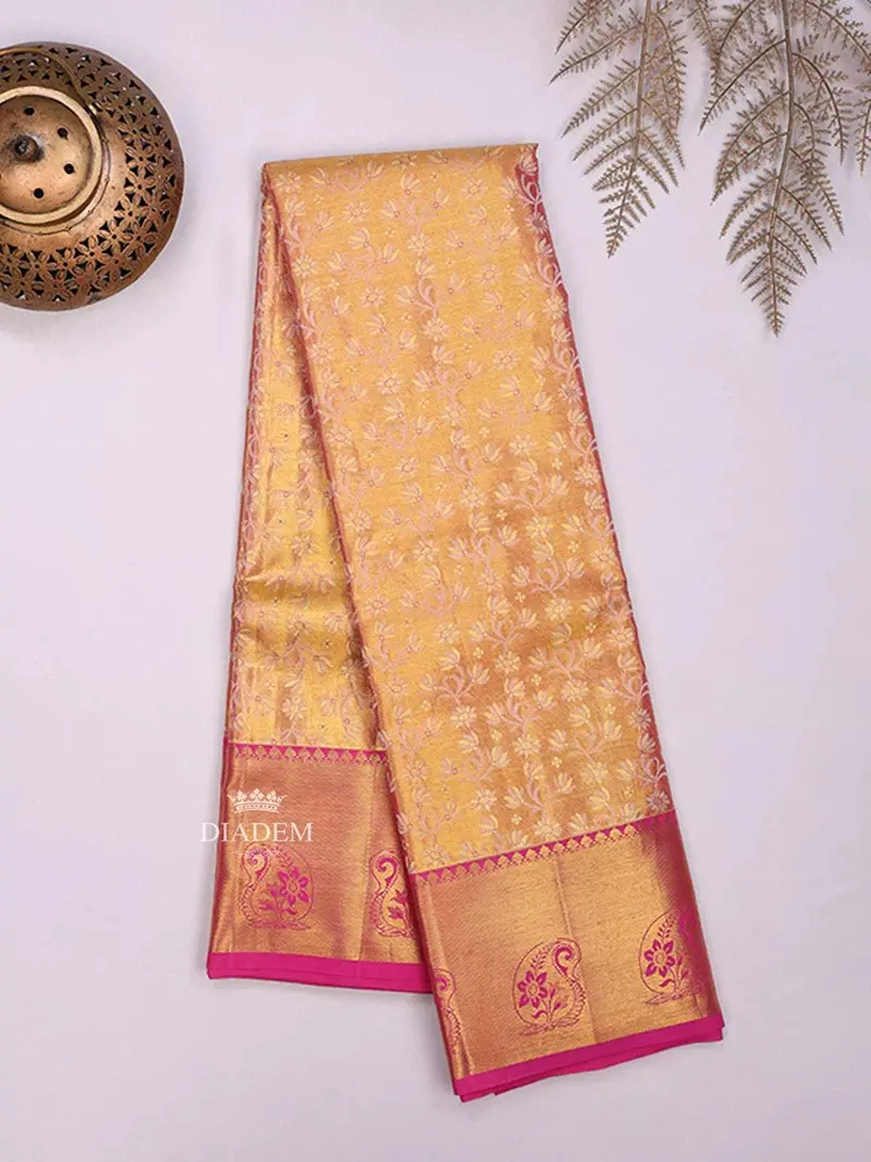 Gold Pure Kanchipuram Bridal Silk Saree With Floral Motif On The Body And Contrast Zari Border 2