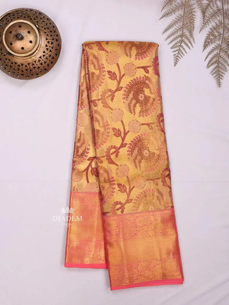 Gold Pure Kanchipuram Bridal Silk Saree With Floral Motif On The Body And Contrast Zari Border 2