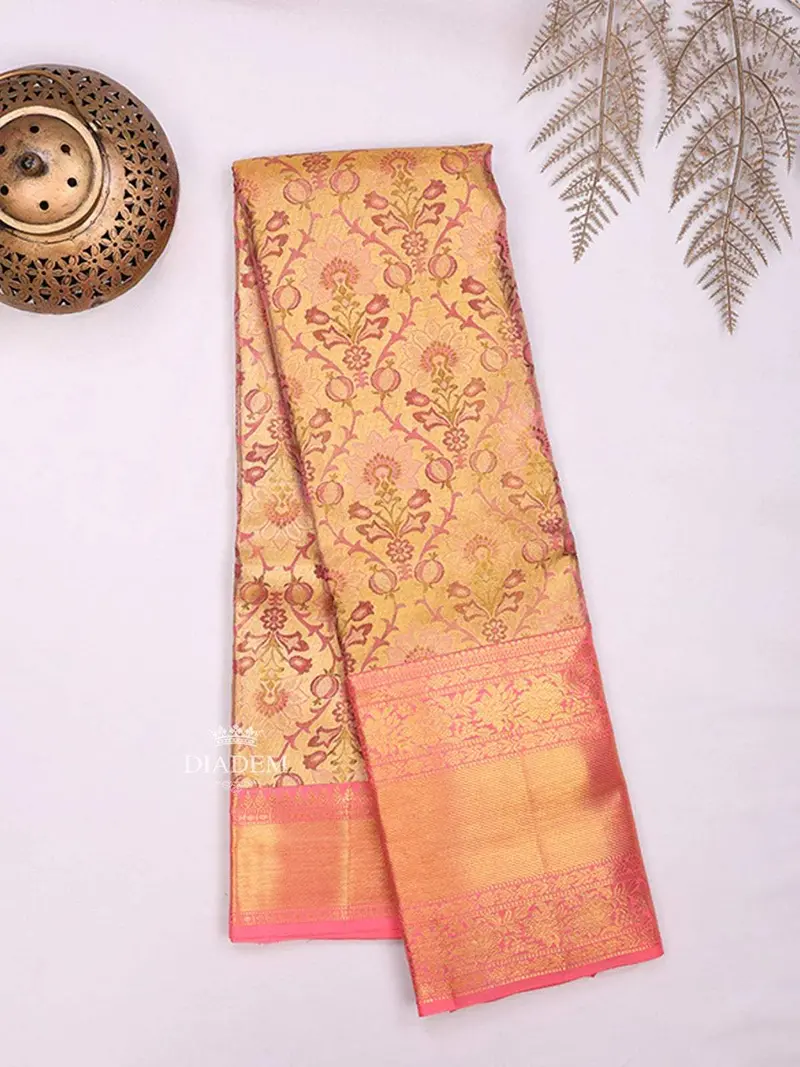 Gold Pure Kanchipuram Bridal Silk Saree With Floral Motif On The Body And Contrast Zari Border 2
