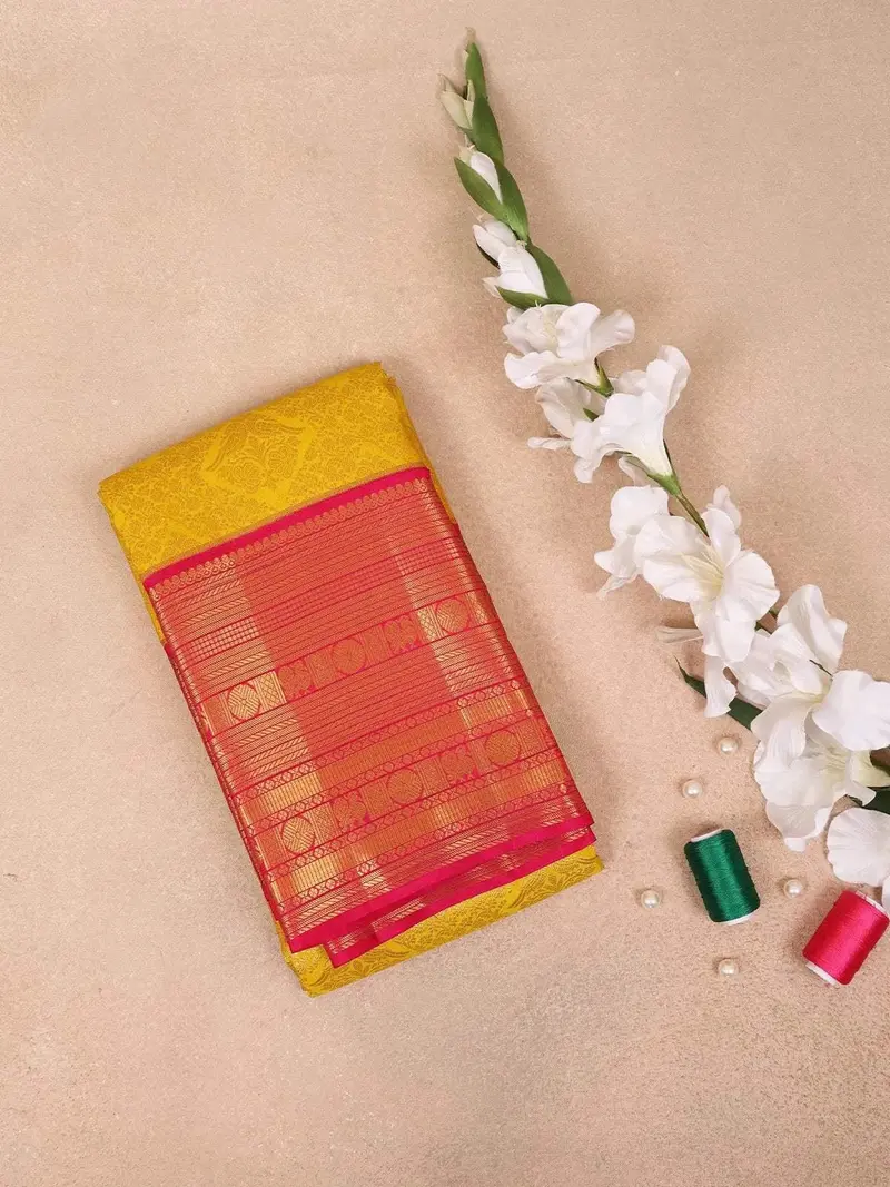 Gold Pure Kanchipuram Silk Saree With Floral Jacquard Design On The Body With Zari Border 1