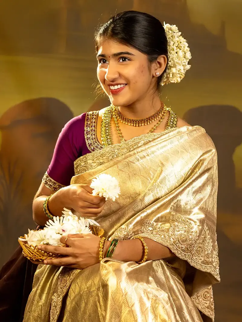 Gold Sequence And Floral Embroidery Bridal Banarasi Silk Saree 1