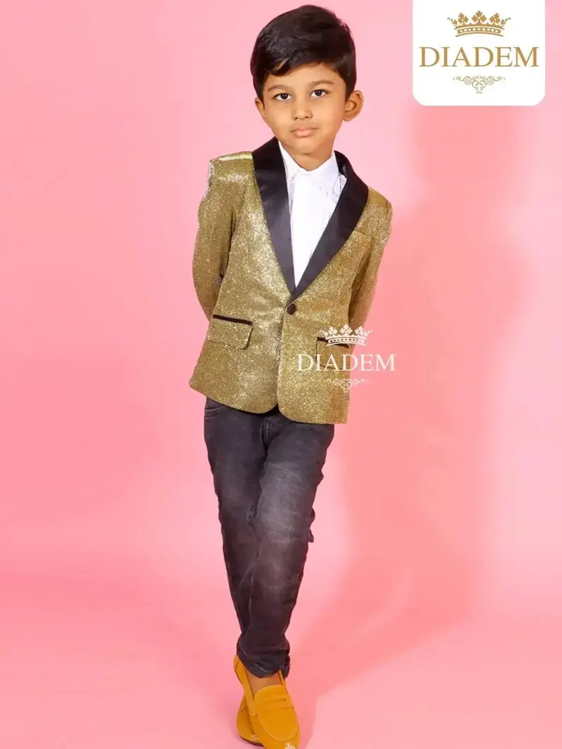 Gold Shimmer Tuxedo Full Sleeve Blazer For Boys 1