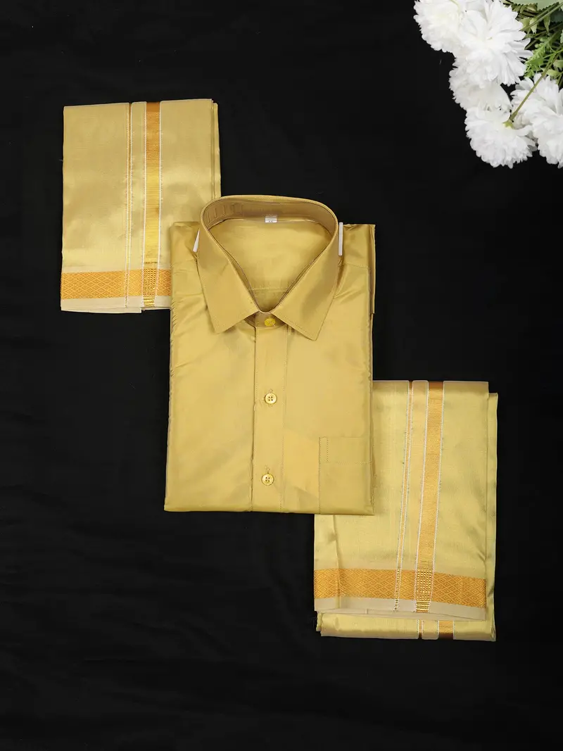 Gold Yellow Solid Design Dhoti Shirt Set With Traditional Zari Border 1