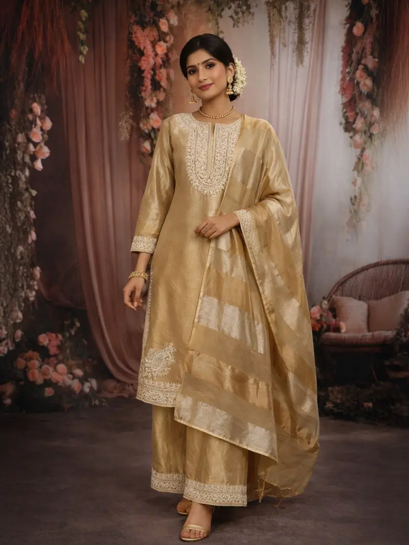 Gold Zari Embroidered Design  Tissue Silk Straight Cut Salwar Suit With Dupatta 1