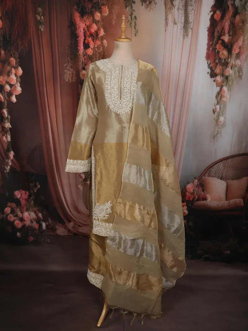 Gold Zari Embroidered Design Tissue Silk Straight Cut Salwar Suit With Dupatta 2