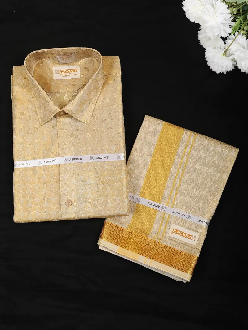 Golden Beige Abstract Woven Design Shirt With Matching Dhoti Set 1