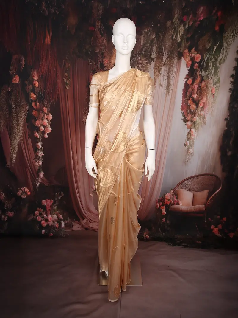 Golden Beige Floral Butta Woven Design Tissue Saree With Gold Zari Border 1