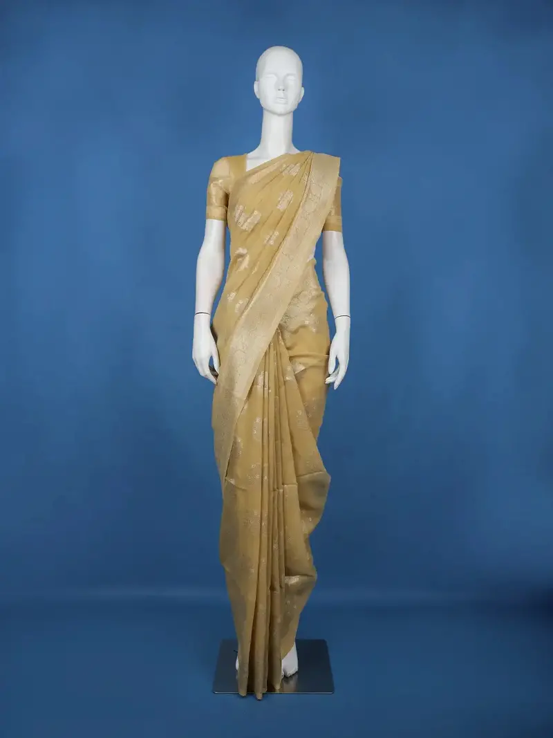 Golden Beige Floral Butta Woven Semi Tussar Silk Saree With Zari Border 1