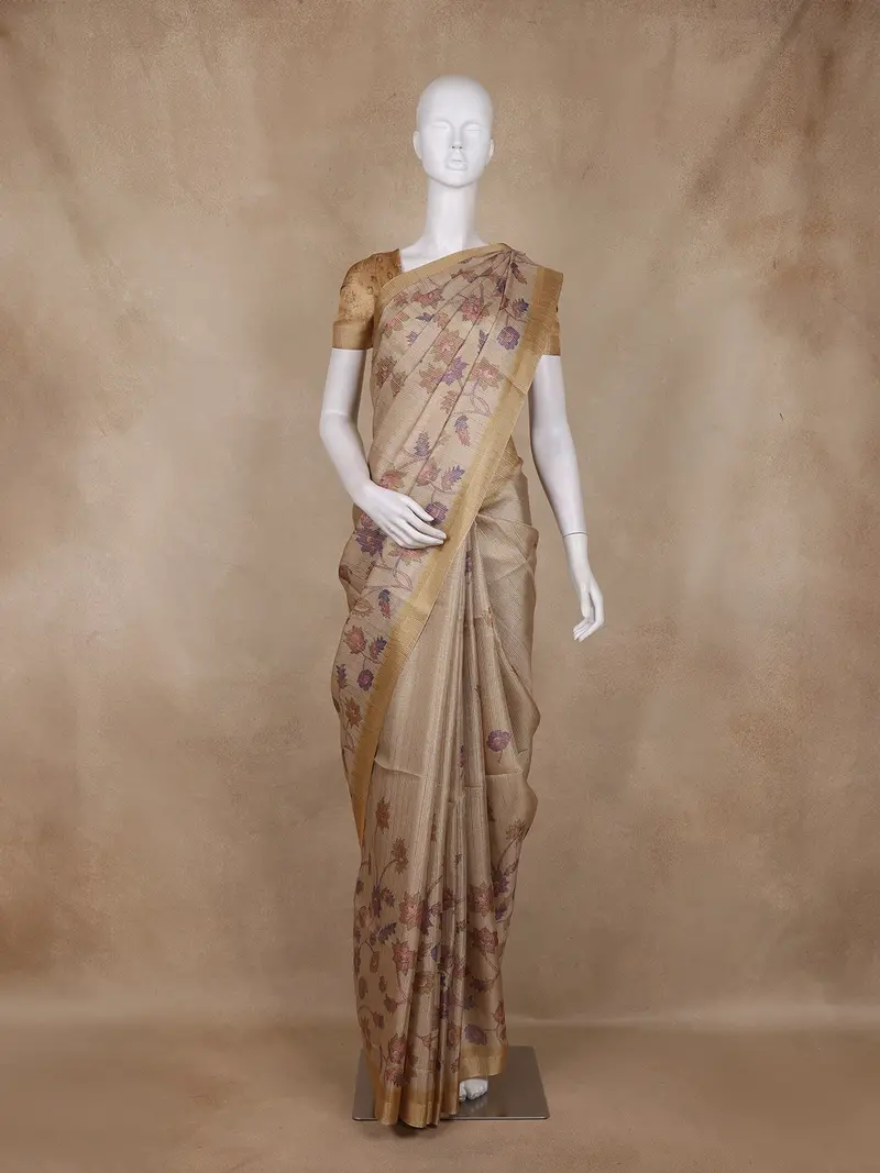 Golden Beige Floral Design Tissue Silk Saree With Zari Border 1