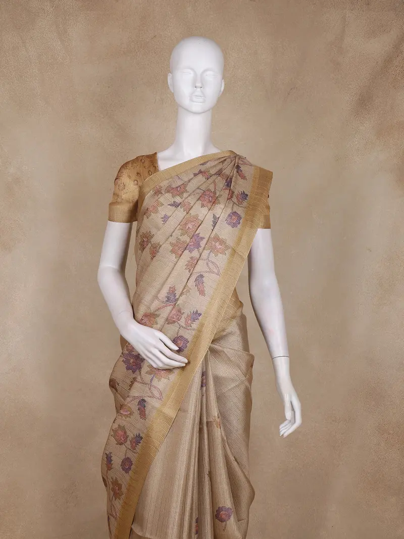 Golden Beige Floral Design Tissue Silk Saree With Zari Border 2