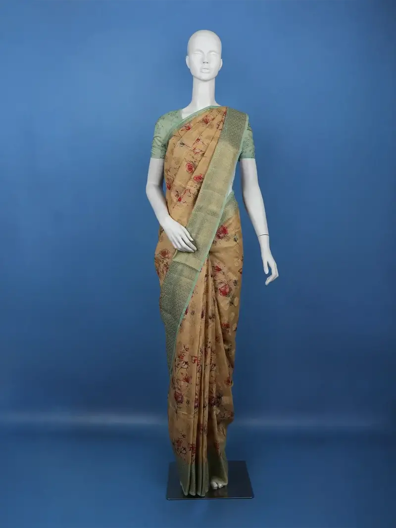 Golden Beige Floral Design Tussar Silk Saree 1