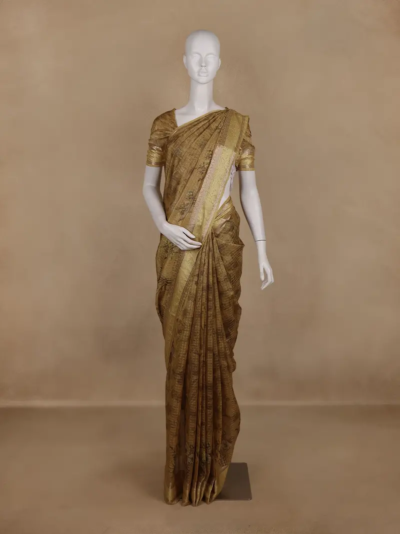 Golden Beige Floral Design Tussar Silk Saree 1