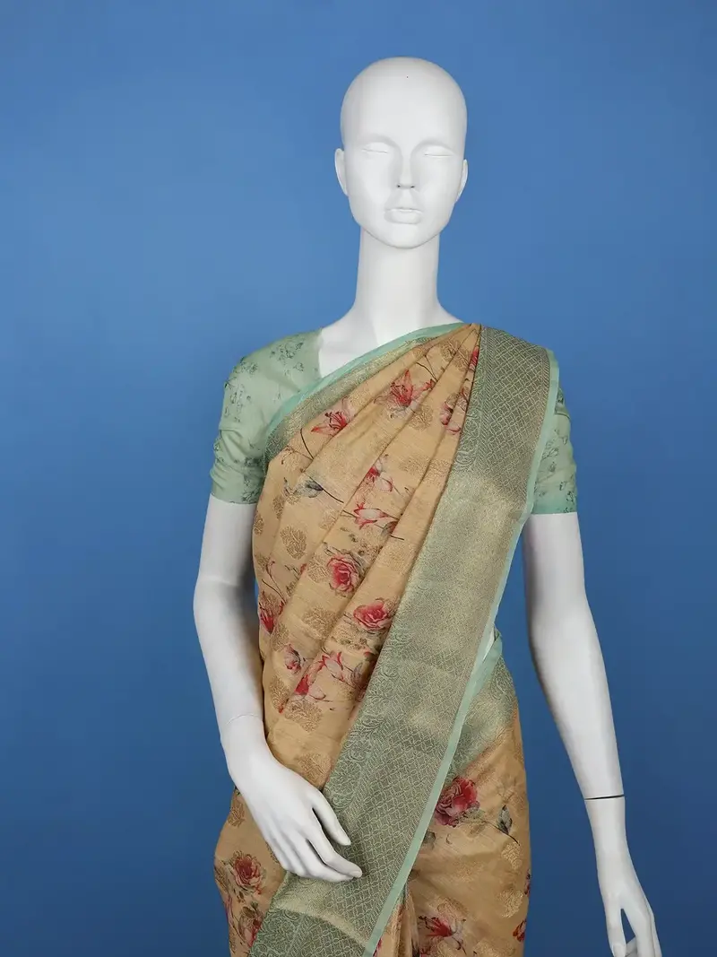 Golden Beige Floral Design Tussar Silk Saree 2