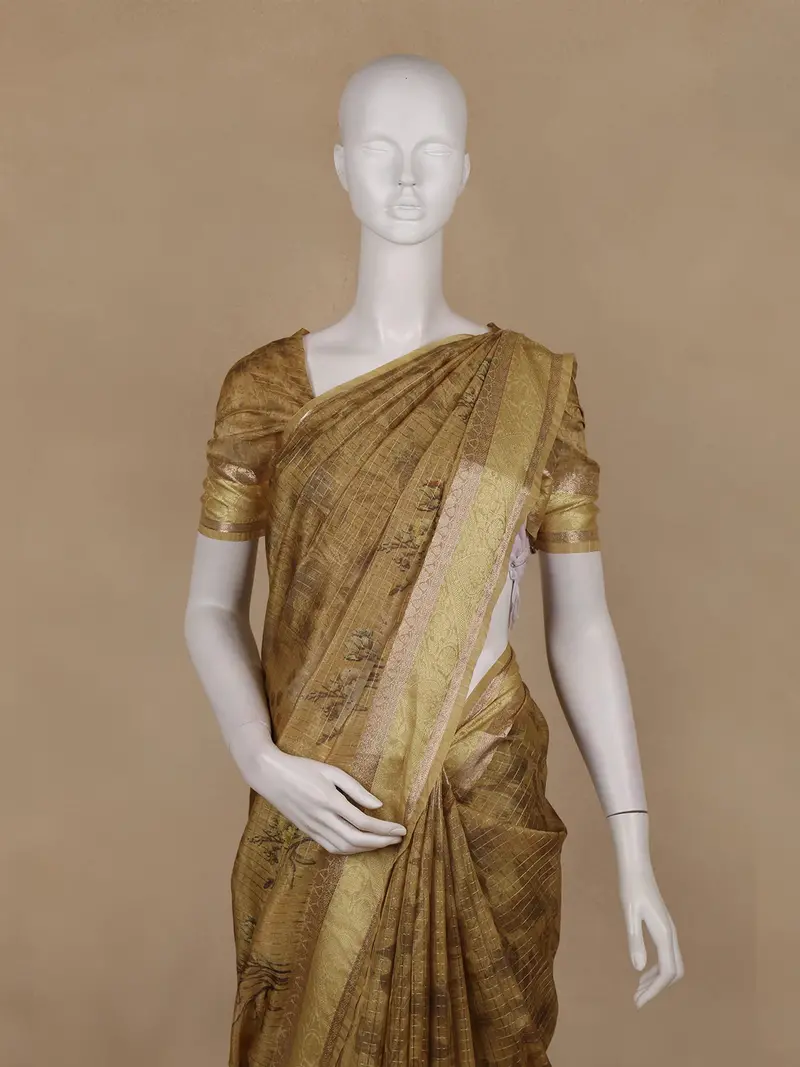 Golden Beige Floral Design Tussar Silk Saree 2