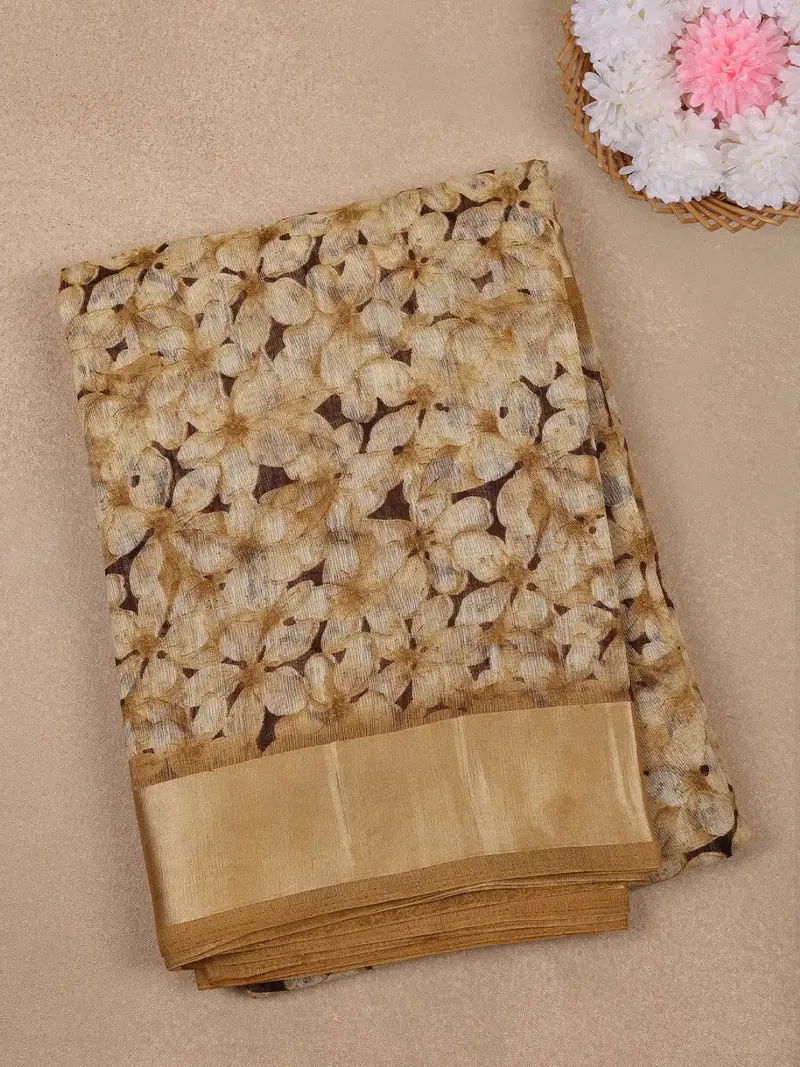 Golden Beige Floral Designed Fancy Cotton Saree 1